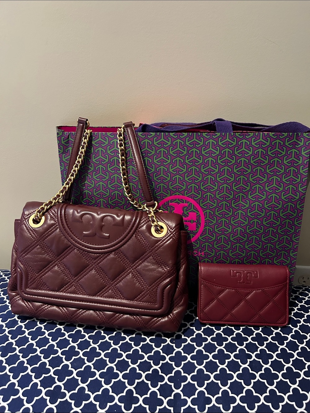 Tory Burch Quilted Leather Shoulder Bag and Wallet - Plum with Gold Hardware